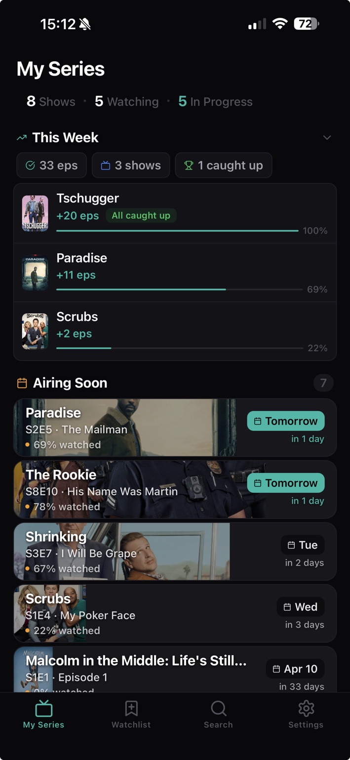 EpisodePal My Series screen showing active progress and upcoming episodes