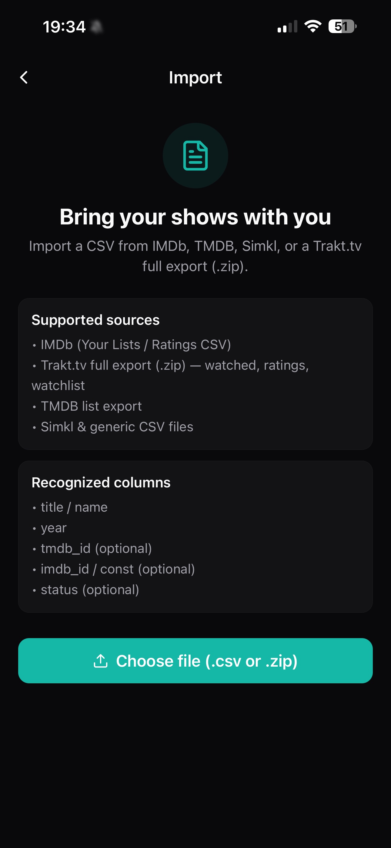 EpisodePal import screen showing supported TV watch-history sources
