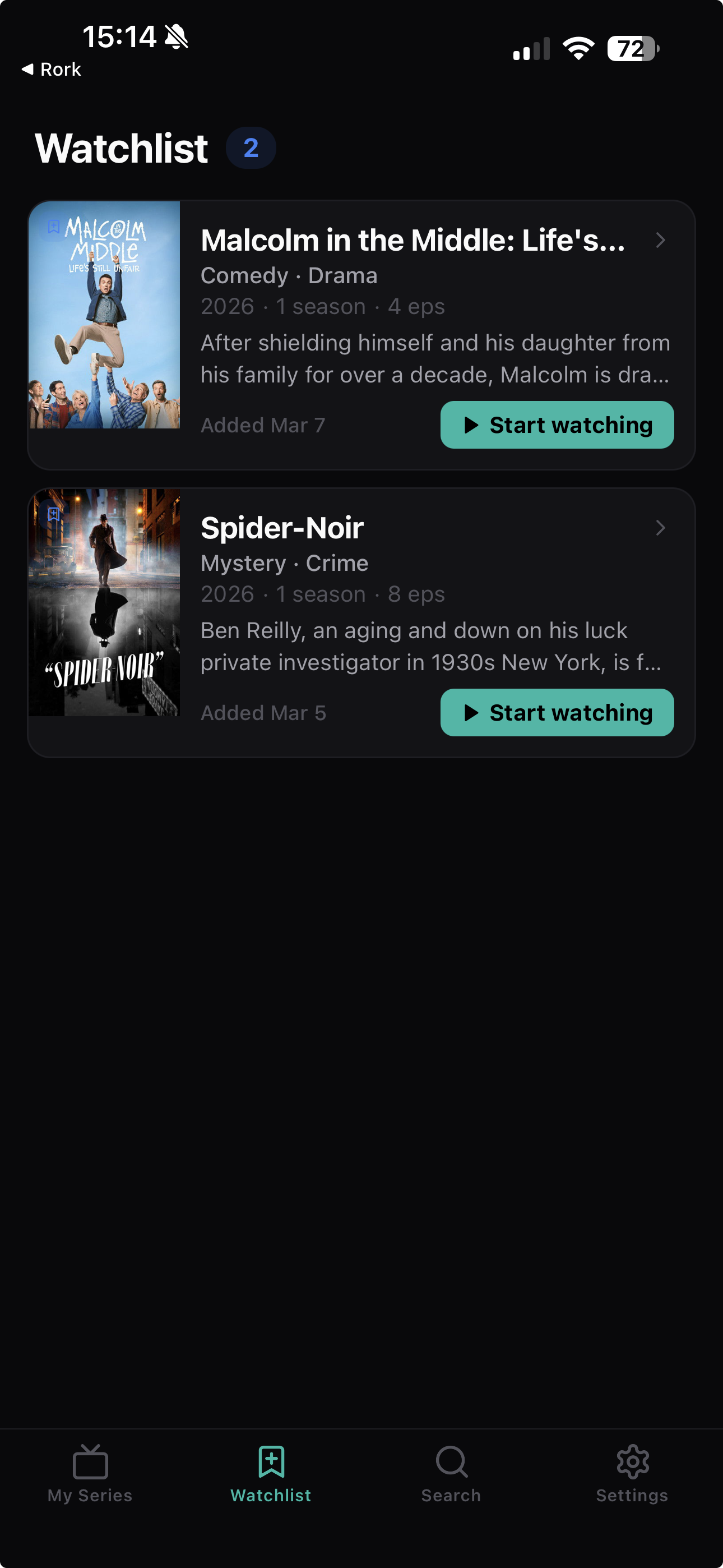 EpisodePal watchlist screen.